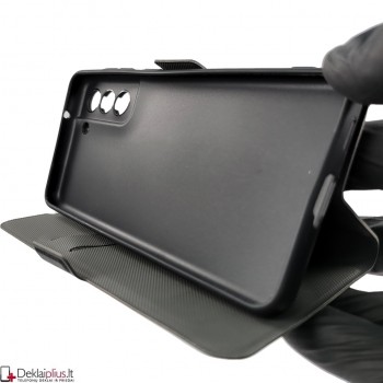 Smart Slim dirbtinos odos dėklas - juodas (telefonams Samsung S21 Fe) Smart Slim dirbtinos odos dėklas - juodas (telefonams Samsung S21 Fe)